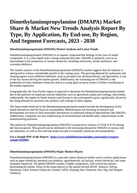 Reportprime Dimethylaminopropylamine Dmapa Market Share And Market New Trends Analysis Report