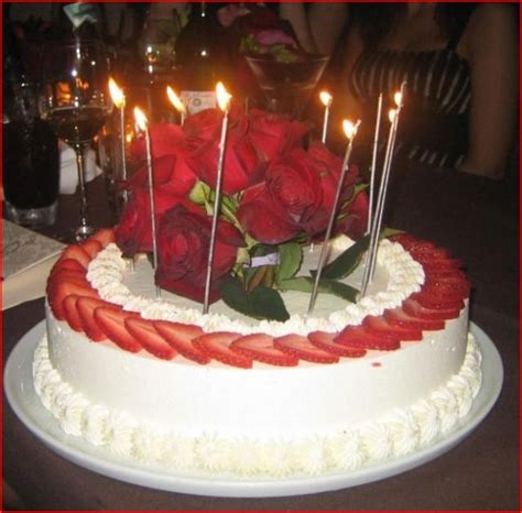 Strawberry And Cream Birthday Cake With Real Red Roses On Top And Tall
