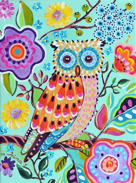Whimsical Owl Original Canvas Painting Folk Art To Contemporary Art