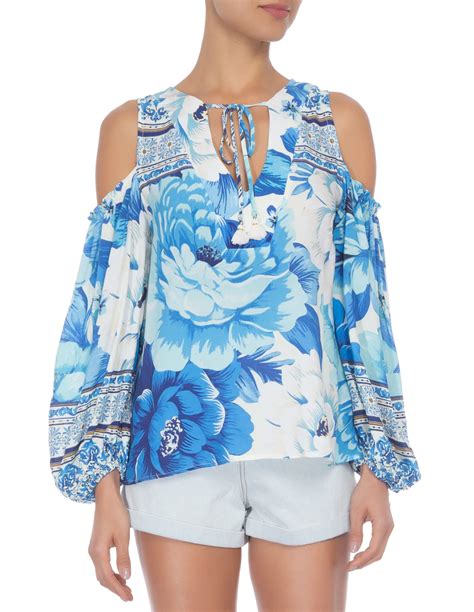 Blue Bohemian Floral Blouse Bare Shoulders Bata Chita Azulejo Brand Farm