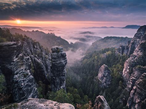 Morning Forest Fog Rocks Mountains Sunrise Wallpaper