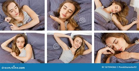 Mooie Meid Slaapt In Slaapkamer Collage Slaapvrouw In Bed Dicht Bij