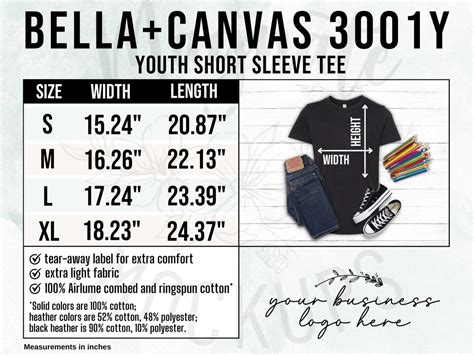 Y Size Chart Bella Canvas Youth T Shirt Measurements Y