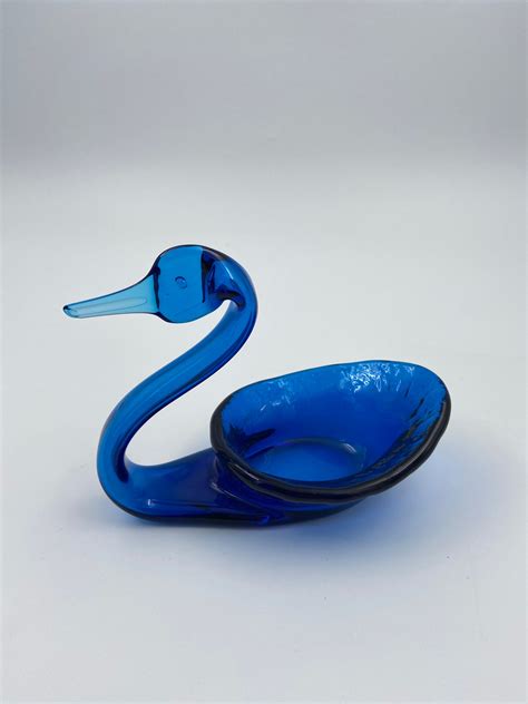 Vintage Art Glass Swan Figurine Bowl Blue Mid Century Modern Etsy