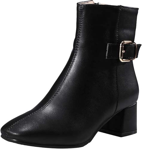 gleamfut womens leather boot casual square heel strap buckle round toe zipper short boots neat