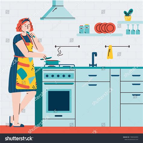 Busy Housewife Woman Cartoon Character Cooking Stock Vector Royalty