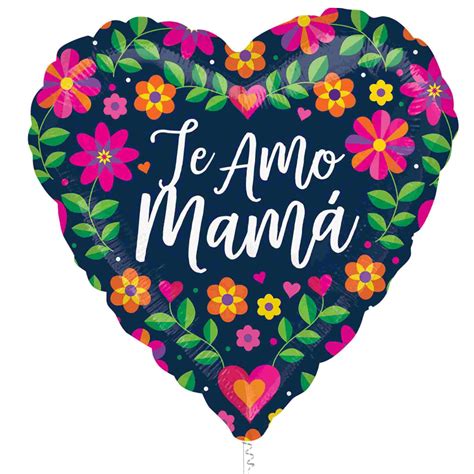 A Heart Shaped Foil Balloon With The Words Fe Amo Mama In Floral Designs On It