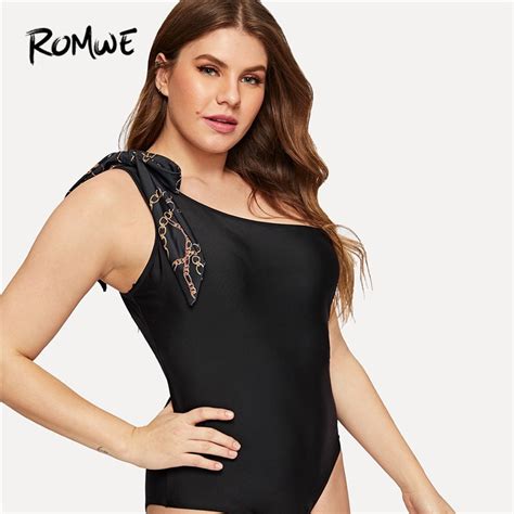 Romwe Sport Plus Size Black Bowknot One Shoulder One Piece Suits Women