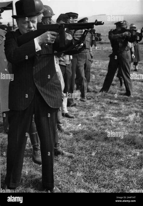 Winston Churchill Firing A Thompson Submachine Gun Also Firing Tommy Gun Is General Eisenhower