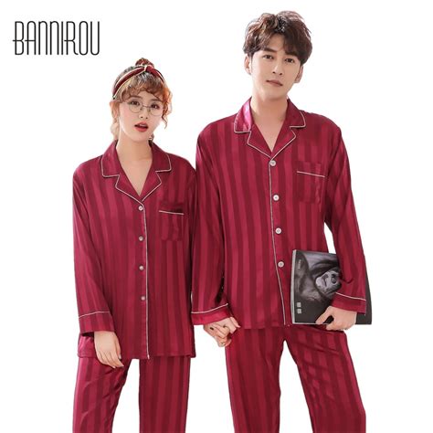 Bannirou Couple Matching Pajamas Sets Silks Satins Chiffon Striped Full Thin Lapel His And Her