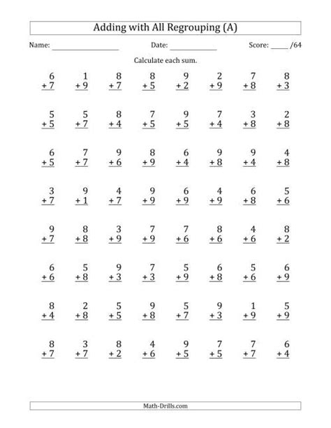 64 Single Digit Addition Questions With All Regrouping A