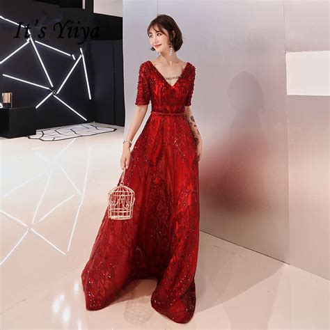 it s yiiya evening dress wine red sequins v neck a line elegant formal dresses short sleeve
