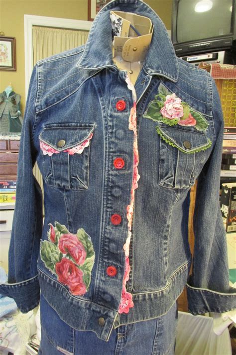 Jean Jacket Upcycled With Shabby Applique And Old Lace Clothes Jean