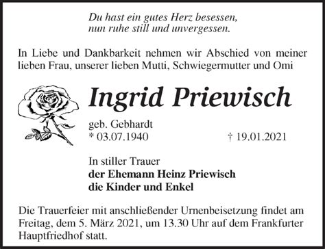 Traueranzeigen Von Ingrid Priewisch Märkische Onlinezeitung Trauerportal