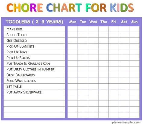Printable Colorful Weekly Chore Chart Template For 2 3 Years Kids Baby