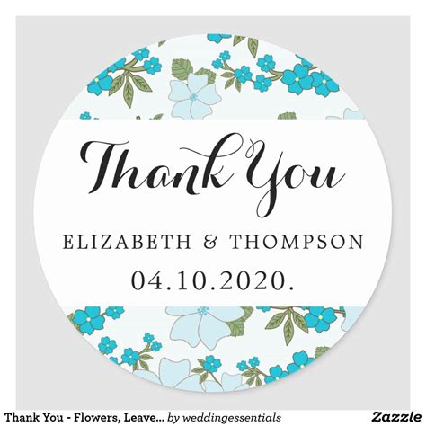 Thank You Flowers Leaves Blossoms Blue Green Classic Round