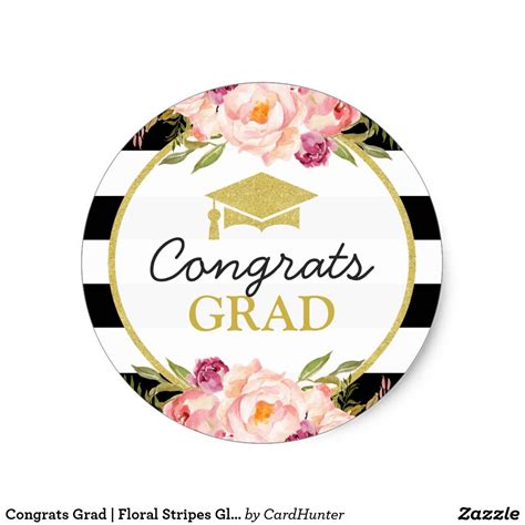 Congrats Grad Floral Stripes Glam Graduation Classic Round Sticker Congrats