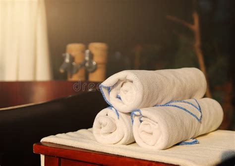 fresh towels and a wooden bathtub for spa and massage treatments stock image image of outdoor