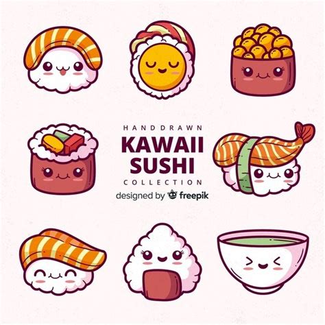 Hand Drawn Kawaii Sushi Collection Cute Food Drawings How To Draw