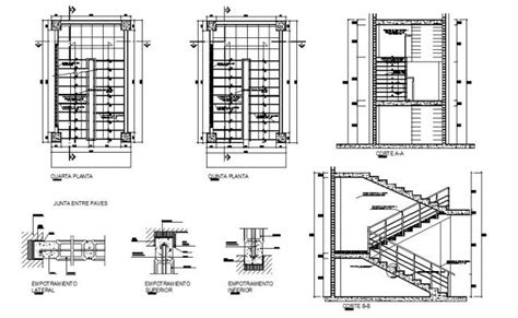 Constructive Section With Stairs Framing Plan And Cover Plan Details