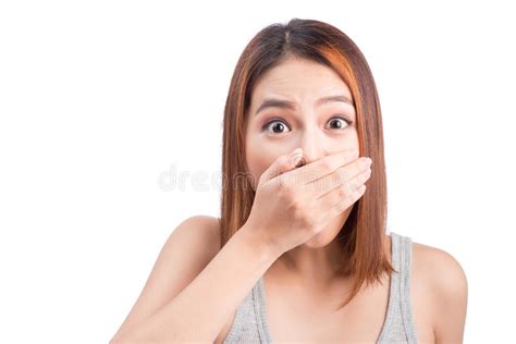 Young Adult Asian Woman Holding Hand Over Her Mouth Over White B Stock