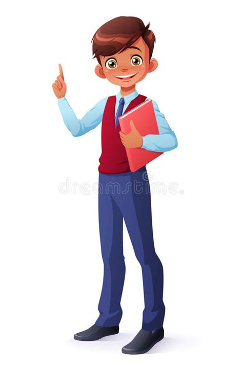 Vector Smart Smiling Schoolboy Index Finger Pointing Up