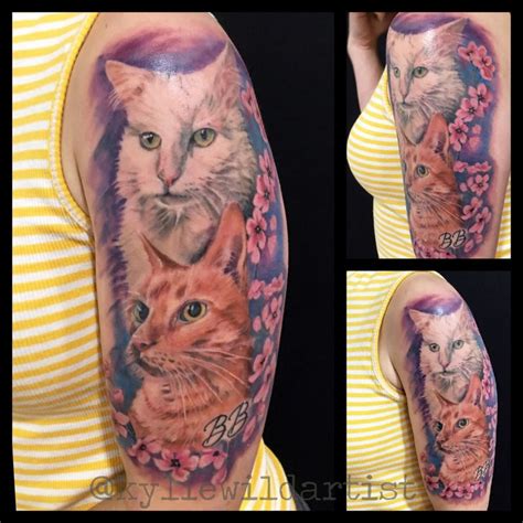 Realistic Full Color Cat Portrait Arm Tattoo With Pink Cherry Blossoms