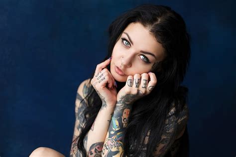 Women Tattoo Portrait Piercing Nose Rings Black Hair Pierced Nose Hd Wallpaper