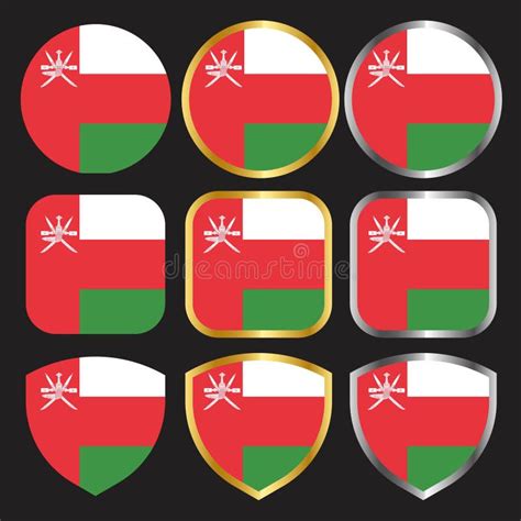 Oman Flag Vector Icon Set With Gold And Silver Border Stock Vector