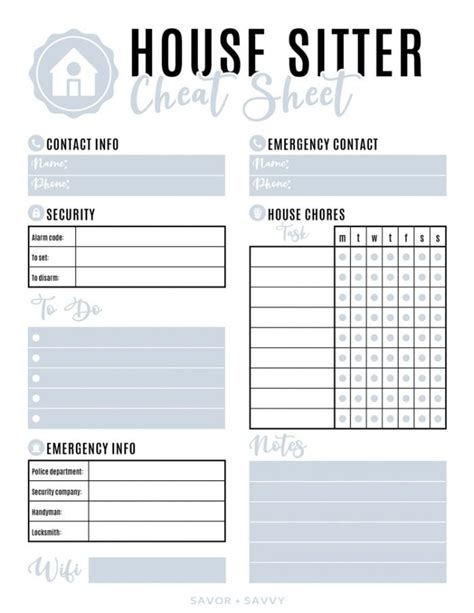 House Sitter Printable Free Home Checklist Cheat Sheet Savor Savvy