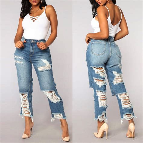 Buy Women High Waisted Skinny Hole Denim Jeans Stretch Slim Pants Calf Length Jeans At