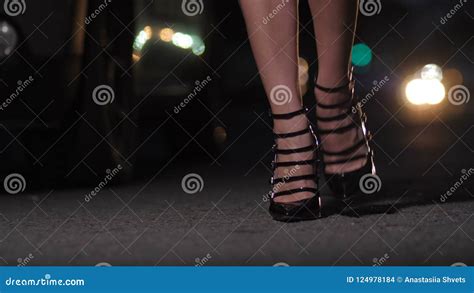 Closeup Female Legs In High Heels Walking At Night Stock Footage
