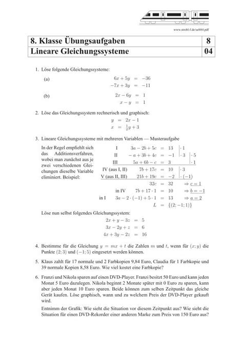 Lineare Gleichungssysteme Bungen Und Aufgaben Mit L Sungen Linear Equations Algebra Sheet