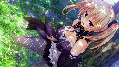 Wallpaper Trees Blonde Flowers Anime Girls Open Mouth Grass Dress Cleavage Visual