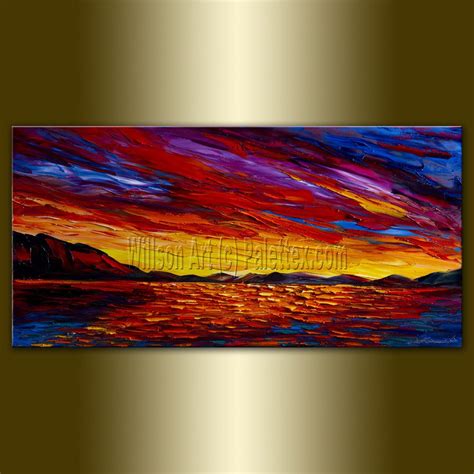 Original Sunset Over The Sea Textured Palette Knife Seascape Painting