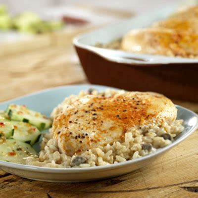 Sprinkle with onion, celery, garlic salts/powder and pepper. One Dish Chicken and Rice Bake - Campbell's Kitchen