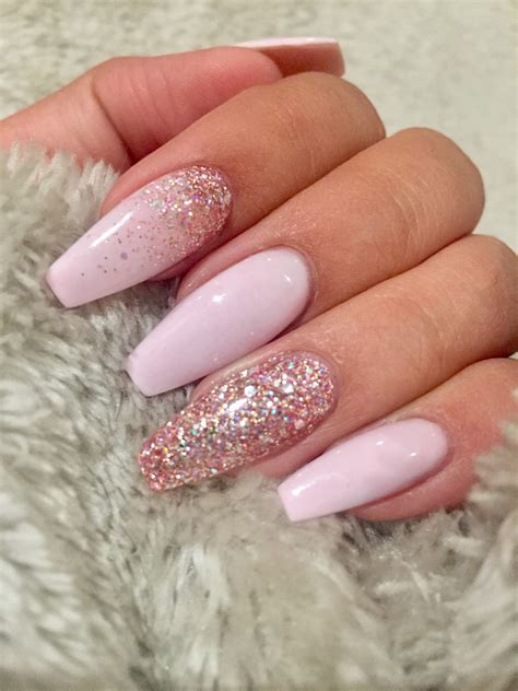 Light Pink Coffin Nails With Rose Gold Glitter Inlove Light Pink