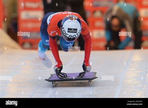 Russia S Olga Potylitsina Jumps On Her Skeleton During Her First Run In The Women S Skeleton