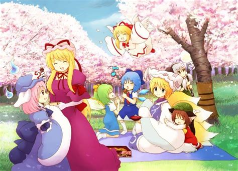 Brunettes Blondes Video Games Touhou Wings Cherry Blossoms Trees Dress