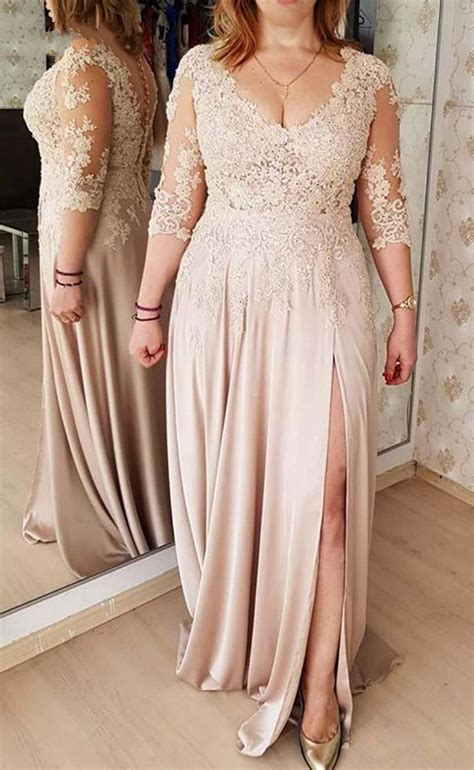 Plus Size Lace Long Sleeve Sheath Mother Of The Bride Dresses Side Split Formal Evening