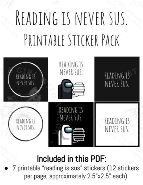 Reading Is Never Sus X Printable Sticker Pack X Digital Etsy
