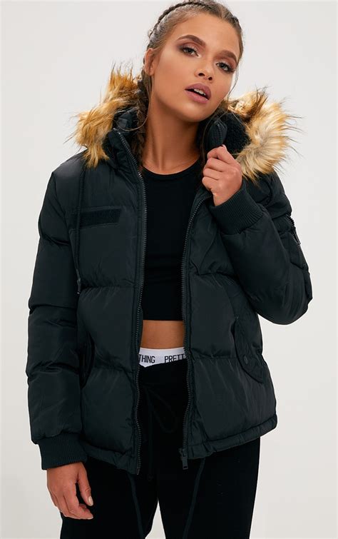 Black Puffer Jacket With Faux Fur Hood Prettylittlething