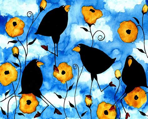 Debi Hubbs Crow Blackbird Birds Yellow Floral Flower Whimsical Folk Art