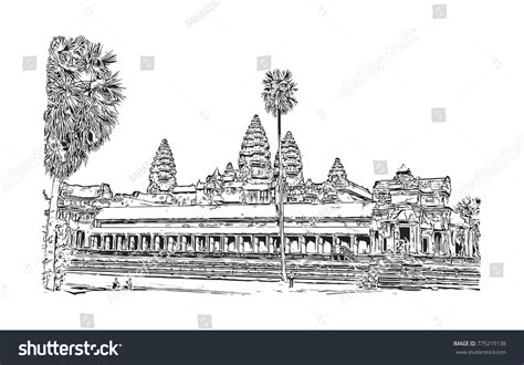 Angkor Wat Temple Cambodia Hand Drawn Vector De Stock Libre De