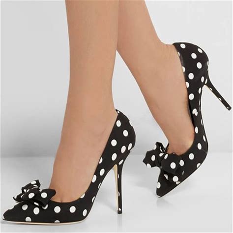 Elegant Black High Heels Shoes Woman Ladies Pointed Toe Bow Polka Dot