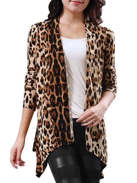 Unique Bargains Womens Long Sleeve Open Front Leopard Print Cardigan