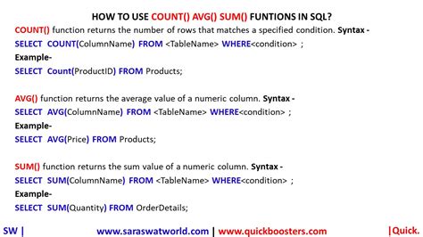 HOW TO USE COUNT AVG SUM FUNTIONS IN SQL QuickBoosters