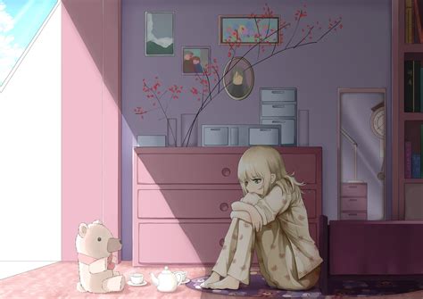 Wallpaper Girl Pajamas Sad Anime Art Cartoon Hd Widescreen