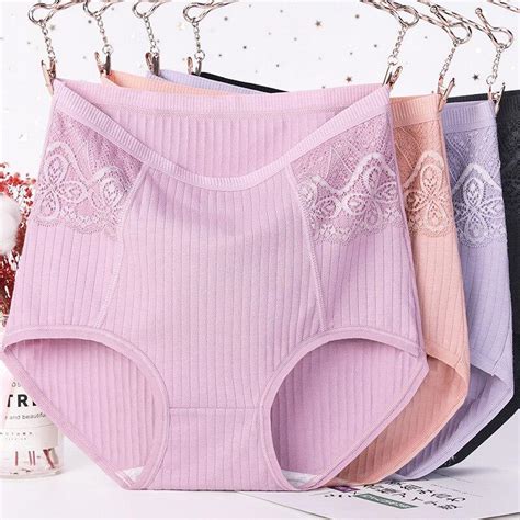 xl~6xl high waist panties women underwear cotton striped lace lingerie briefs antibacterial