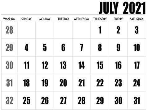 Monthly Calendar July 2021 Printable Word One Platform For Digital